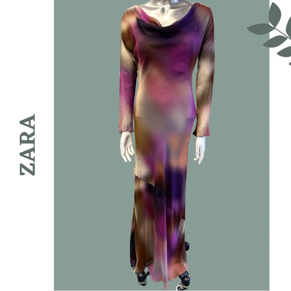 Zara Watercolor Floor Length Chiffon Evening Dress Backless Lined Size Large